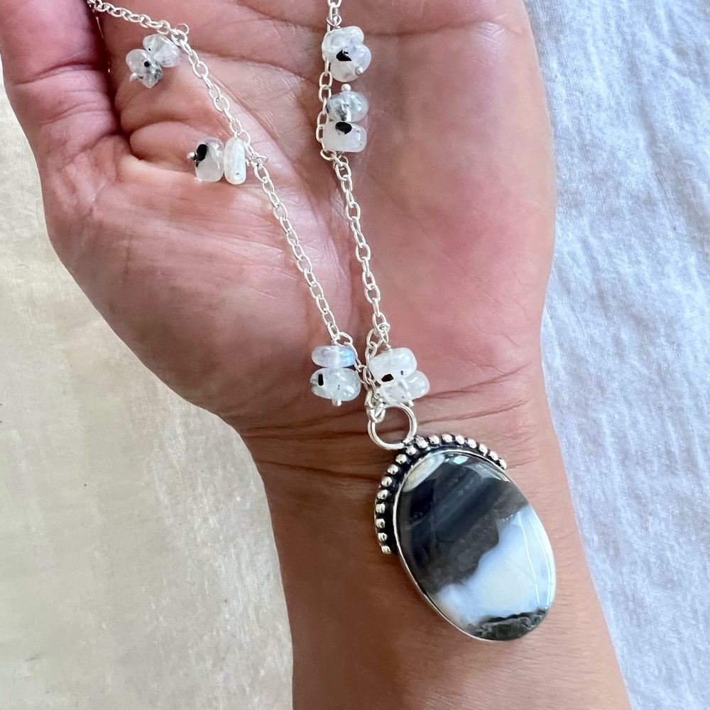 925 WOW! Owyhee Opal + Rainbow Flash Moonstone Necklace Pendant